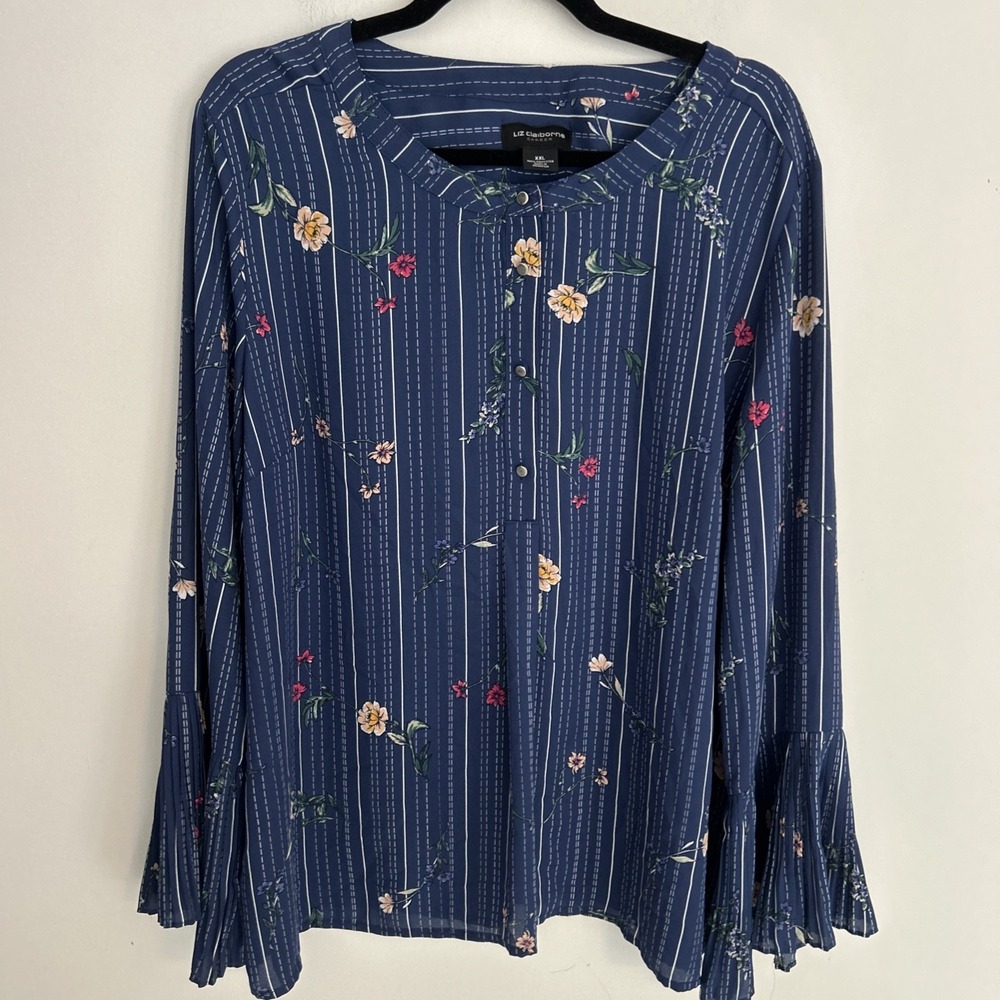 Liz Claiborne Career Women's XXL Pleated Flare Sleeves Blue Floral Blouse